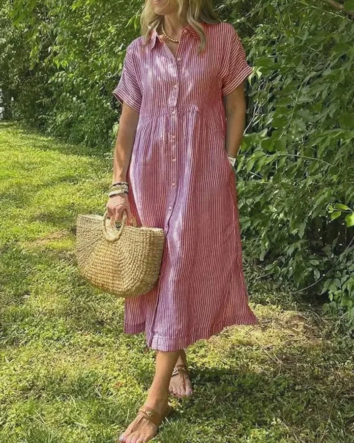 Relaxed Linen Shirt Midi Dress with Short Sleeves and Pockets