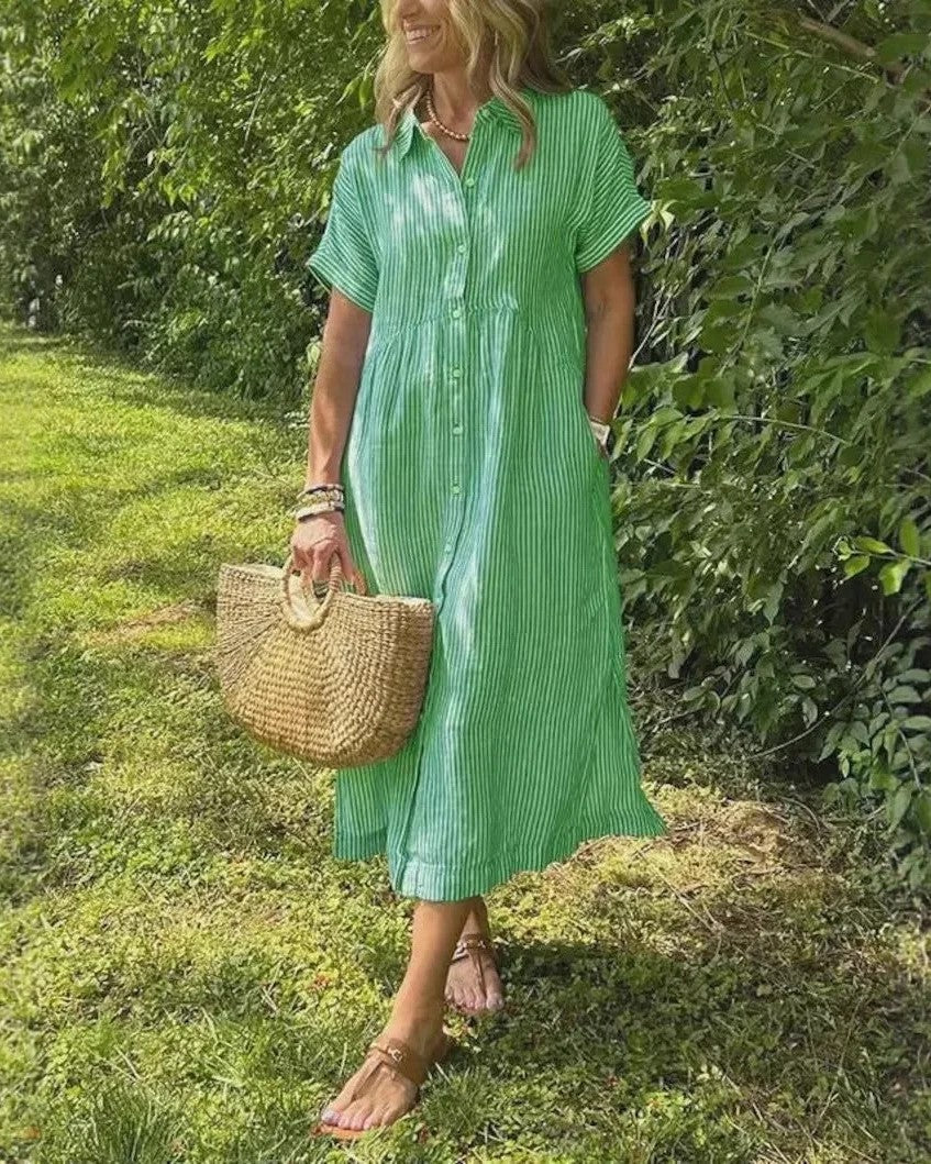 Relaxed Linen Shirt Midi Dress with Short Sleeves and Pockets