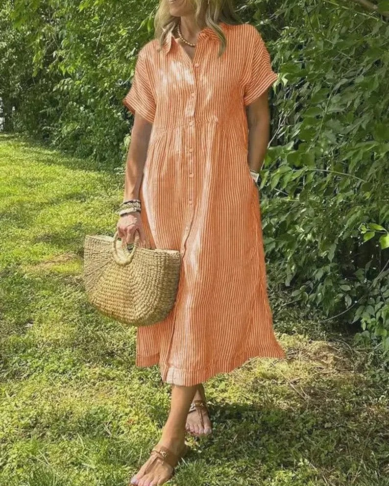 Relaxed Linen Shirt Midi Dress with Short Sleeves and Pockets