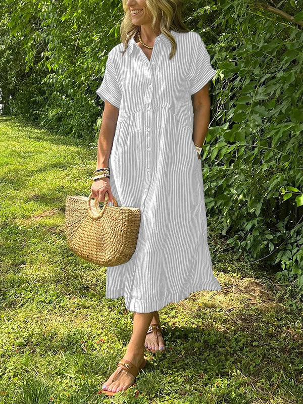 Relaxed Linen Shirt Midi Dress with Short Sleeves and Pockets