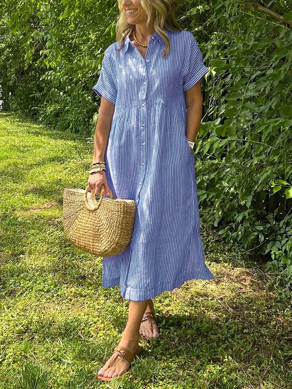 Relaxed Linen Shirt Midi Dress with Short Sleeves and Pockets