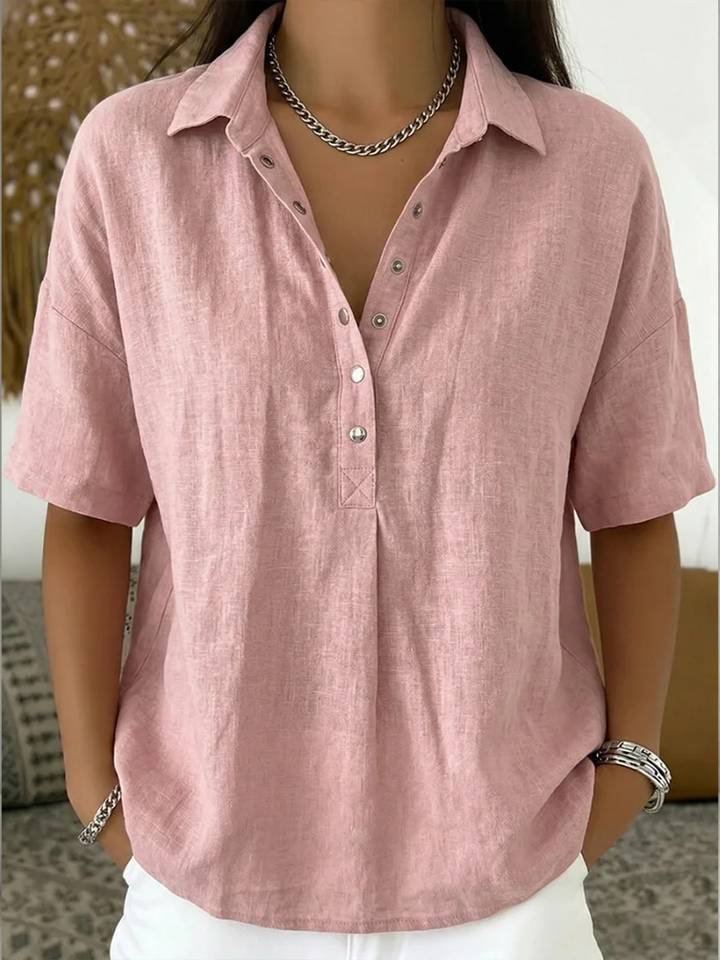 Relaxed Linen Shirt with Collar and Snap Button Placket