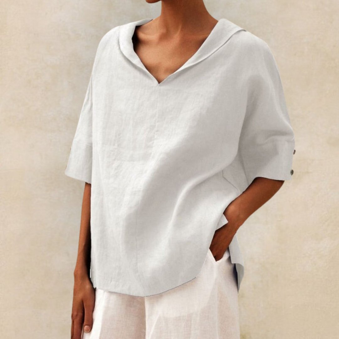 Relaxed Linen Top with V-Neckline and Short Sleeves