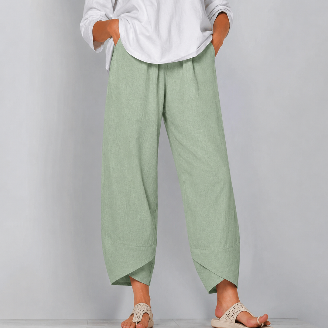 Relaxed Linen Wide Leg Trousers with Asymmetric Hem