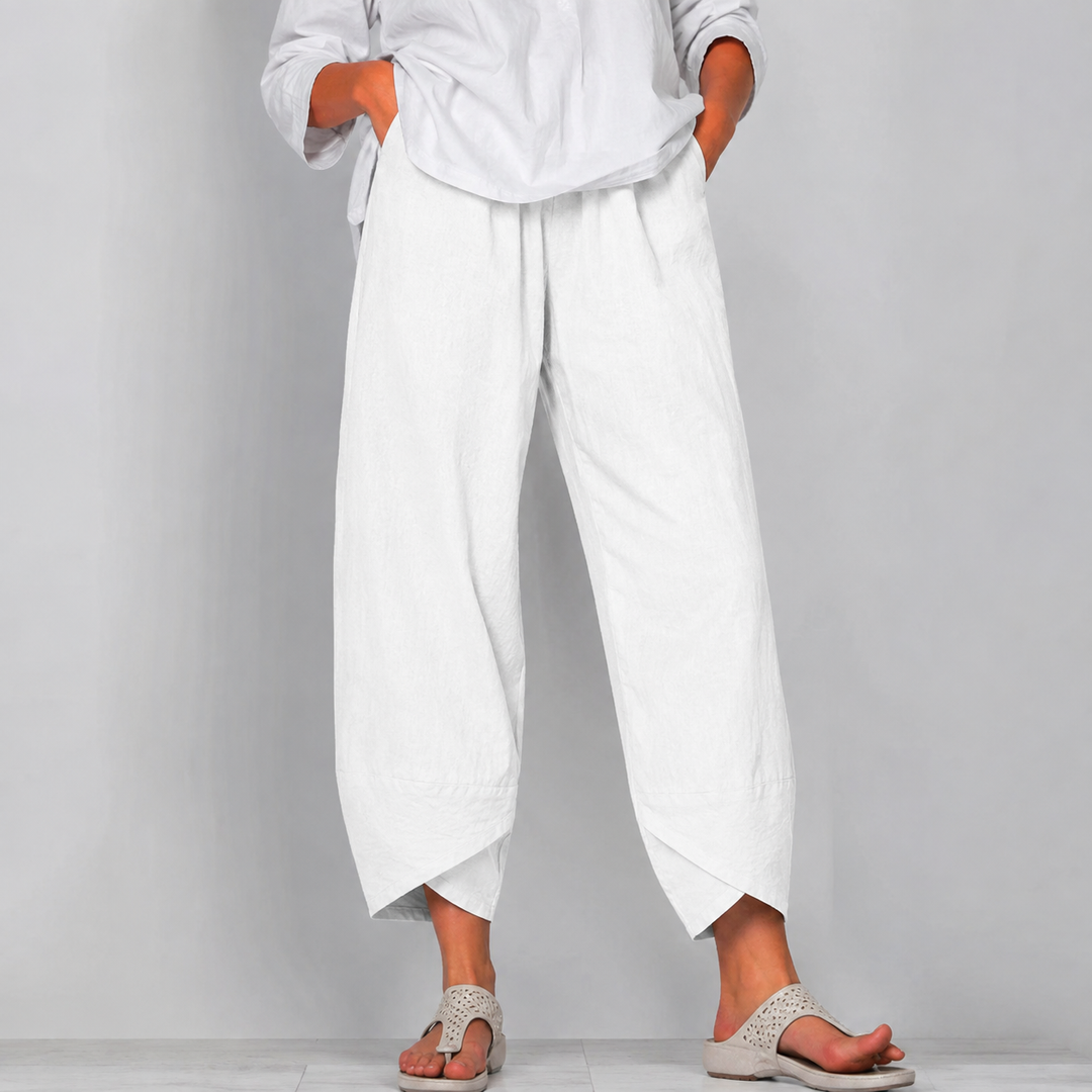 Relaxed Linen Wide Leg Trousers with Asymmetric Hem