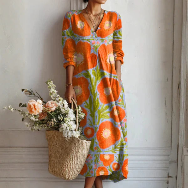 Relaxed Maxi Dress with Bold Print and V-Neckline