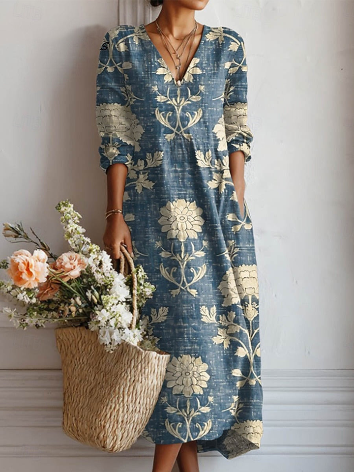 Relaxed Maxi Dress with Bold Print and V-Neckline