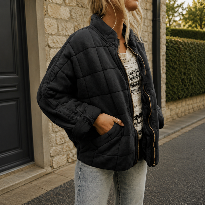 Relaxed Quilted Jacket with Stand Collar and Front Pockets