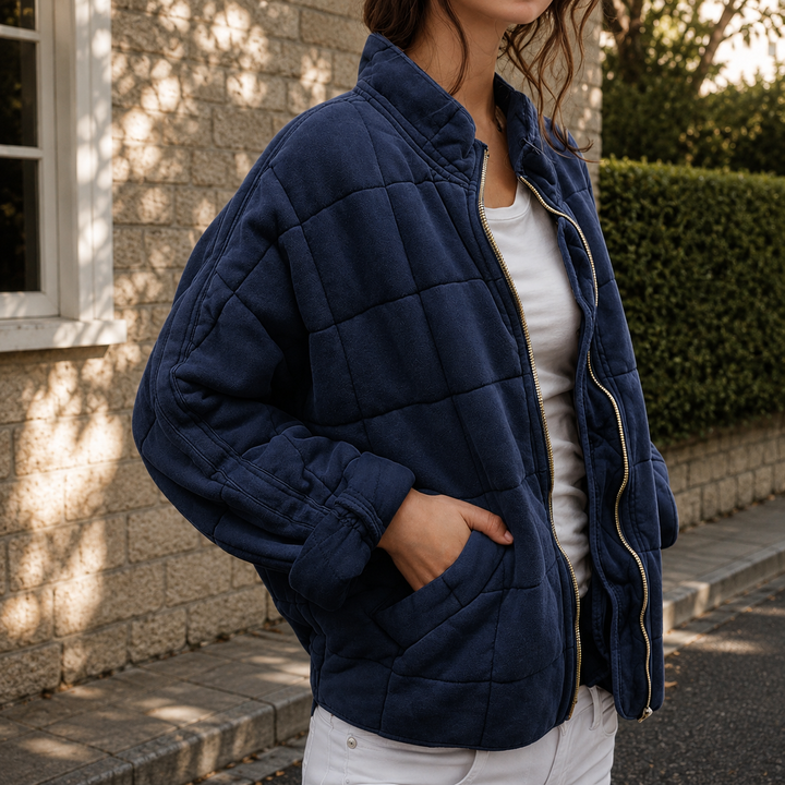 Relaxed Quilted Jacket with Stand Collar and Front Pockets