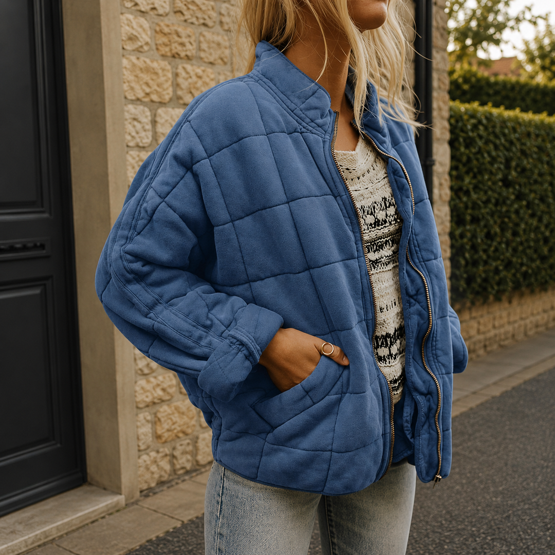 Relaxed Quilted Jacket with Stand Collar and Front Pockets
