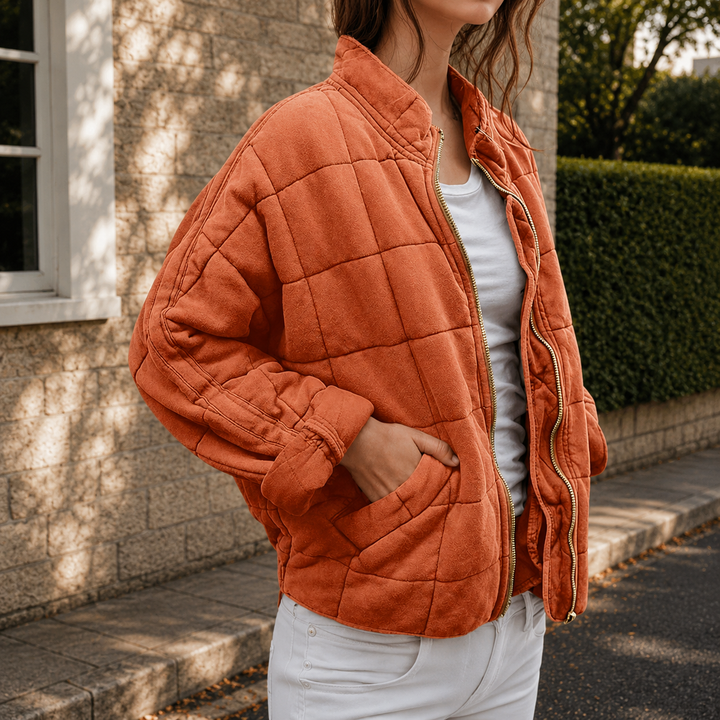 Relaxed Quilted Jacket with Stand Collar and Front Pockets
