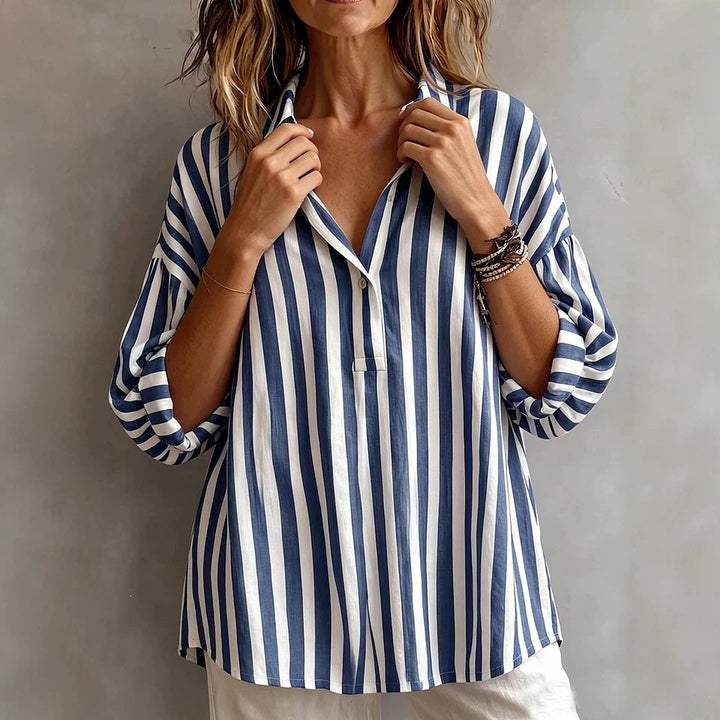 Relaxed Striped Blouse with Collar and Three Quarter Sleeves