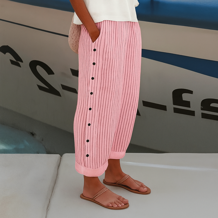 Relaxed Striped Linen Trousers with Button Detail and Side Pockets