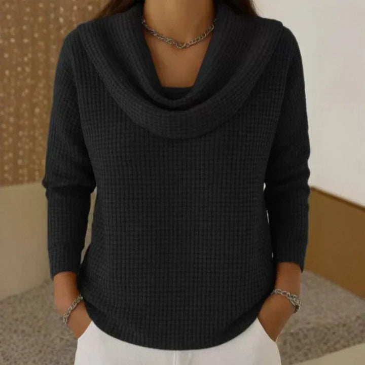 Relaxed Waffle Knit Sweater with Cowl Neck
