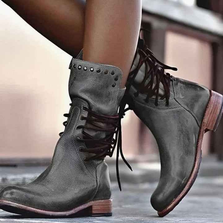 Retro Leather Lace-Up Ankle Boots with Studded Trim
