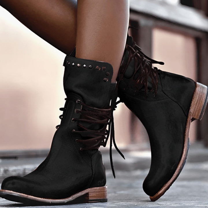 Retro Leather Lace-Up Ankle Boots with Studded Trim