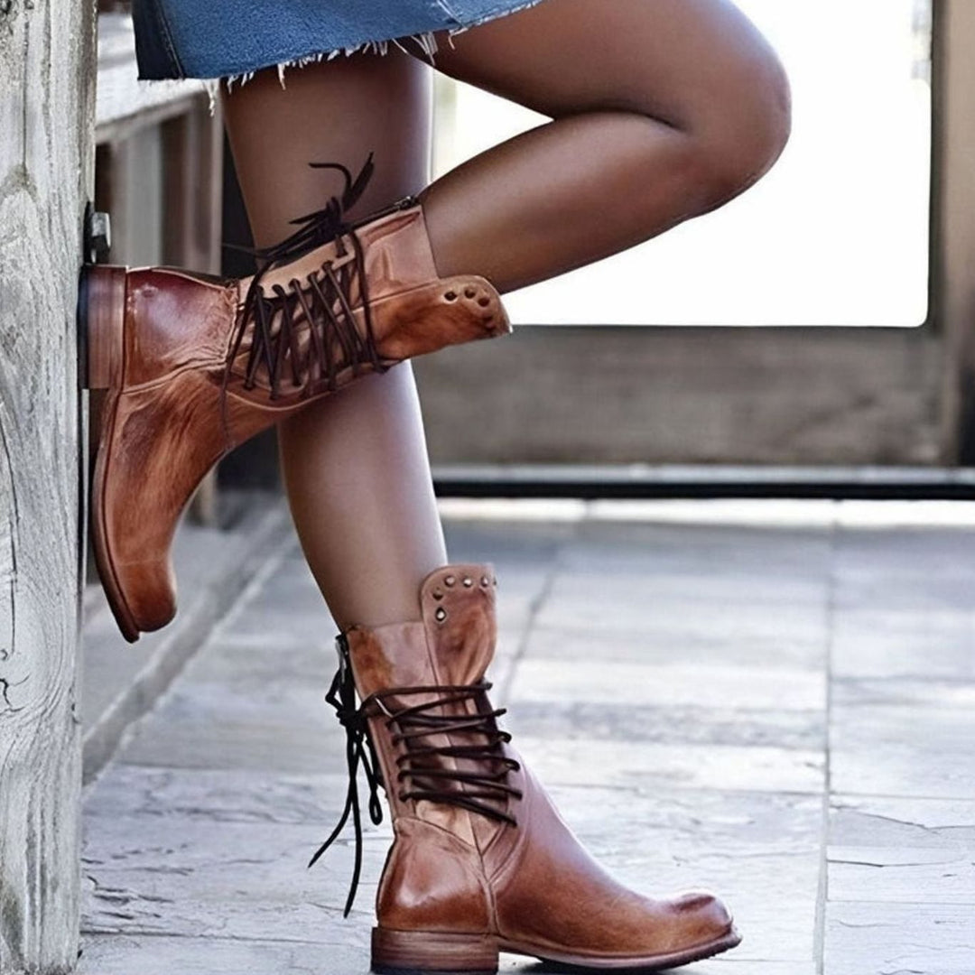 Retro Leather Lace-Up Ankle Boots with Studded Trim