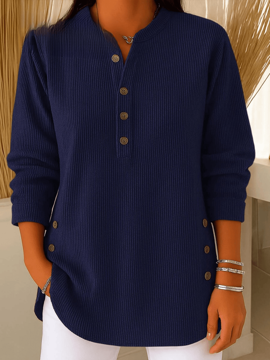Ribbed Tunic Top with Henley Neckline and Side Button Detail