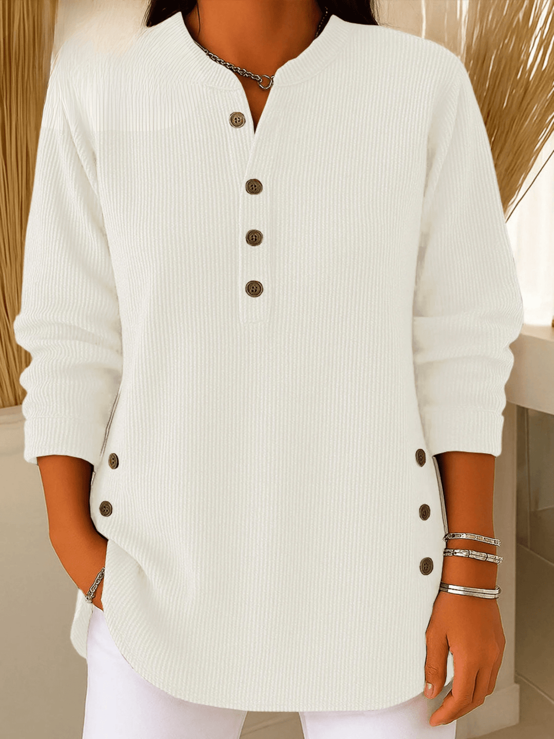 Ribbed Tunic Top with Henley Neckline and Side Button Detail