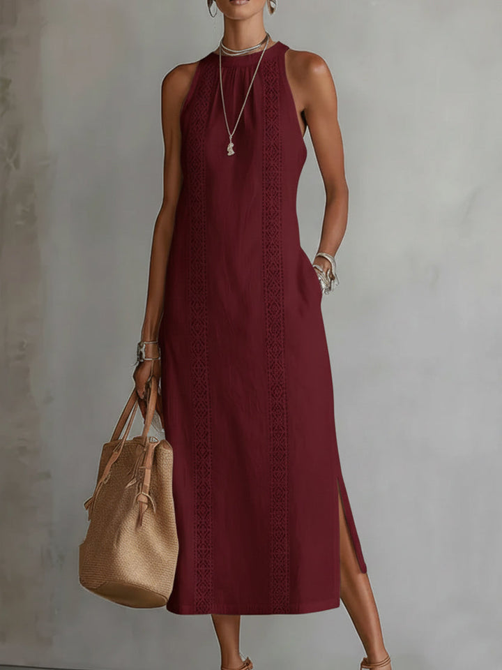 Sleeveless Lace Trim Midi Dress with Halter Neck and Side Split