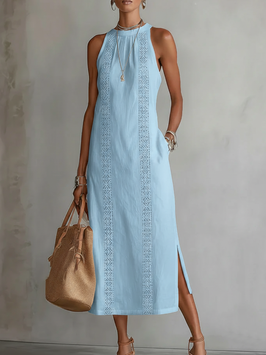 Sleeveless Lace Trim Midi Dress with Halter Neck and Side Split