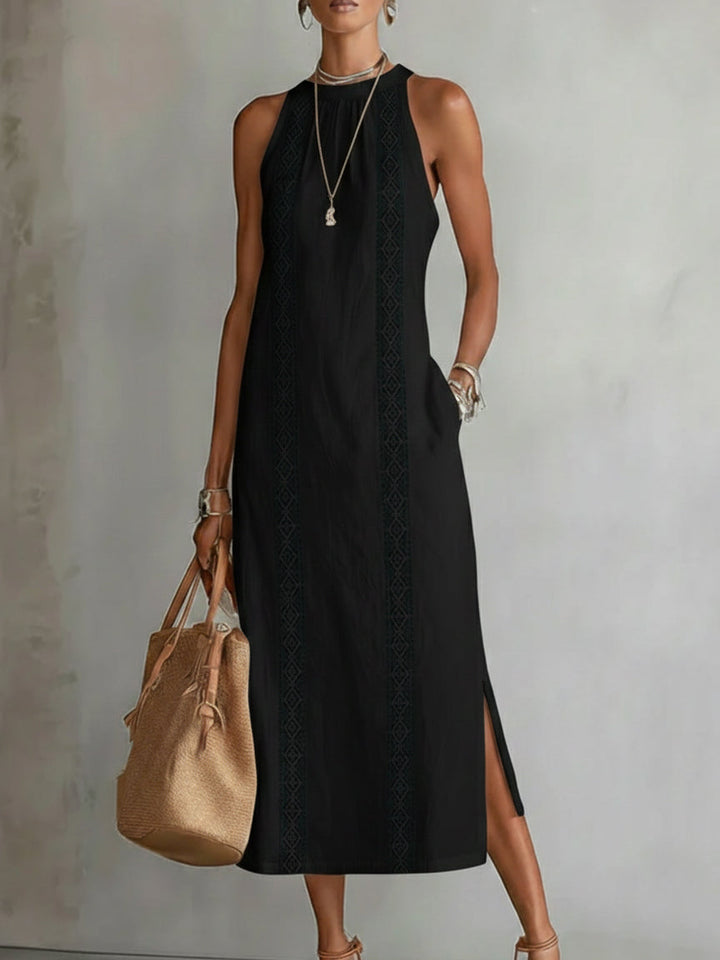 Sleeveless Lace Trim Midi Dress with Halter Neck and Side Split
