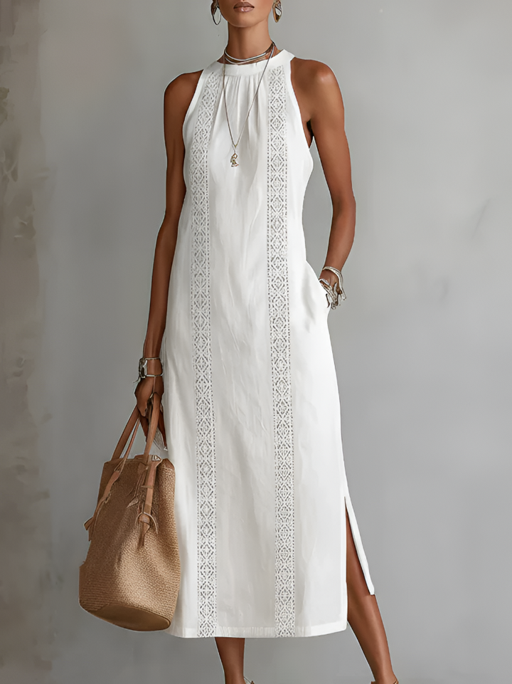 Sleeveless Lace Trim Midi Dress with Halter Neck and Side Split