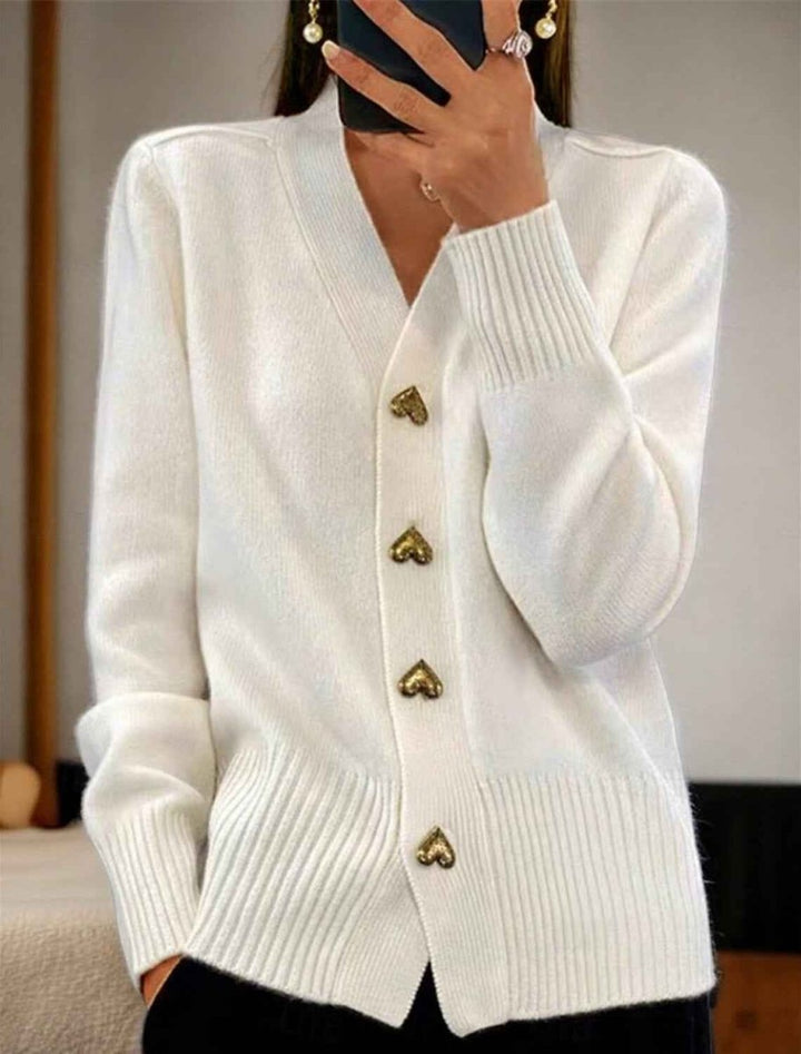 Soft Knit Cardigan with V-Neckline and Gold Heart Buttons