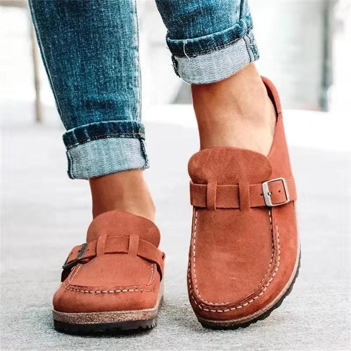 Suede Clog Mules with Buckle Strap and Cork Sole
