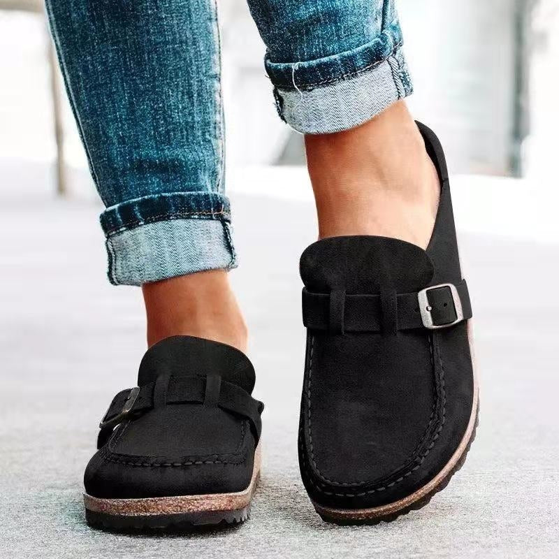 Suede Clog Mules with Buckle Strap and Cork Sole