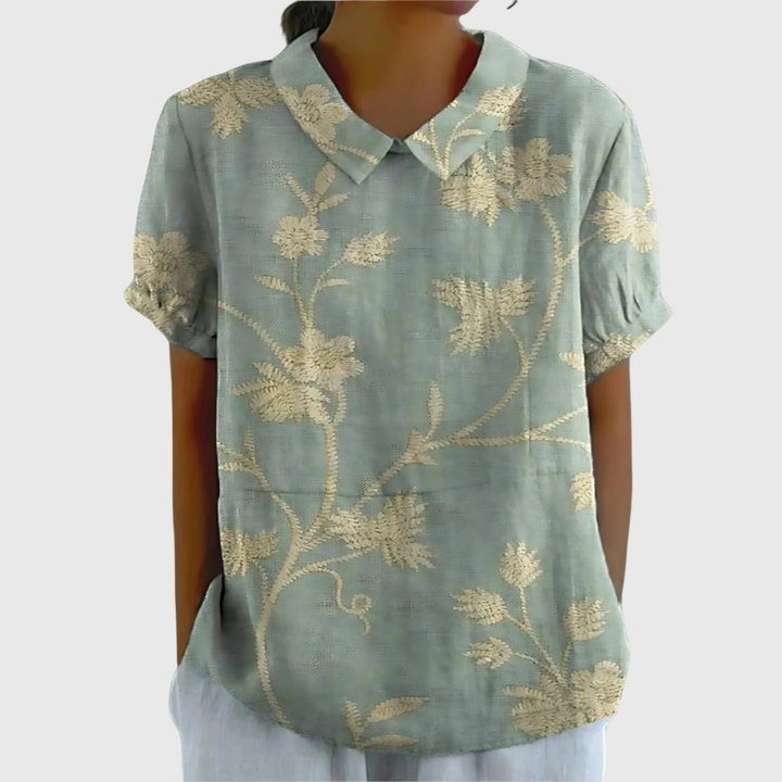 Wendy | Linen Floral Print Short Sleeve Collared Blouse
