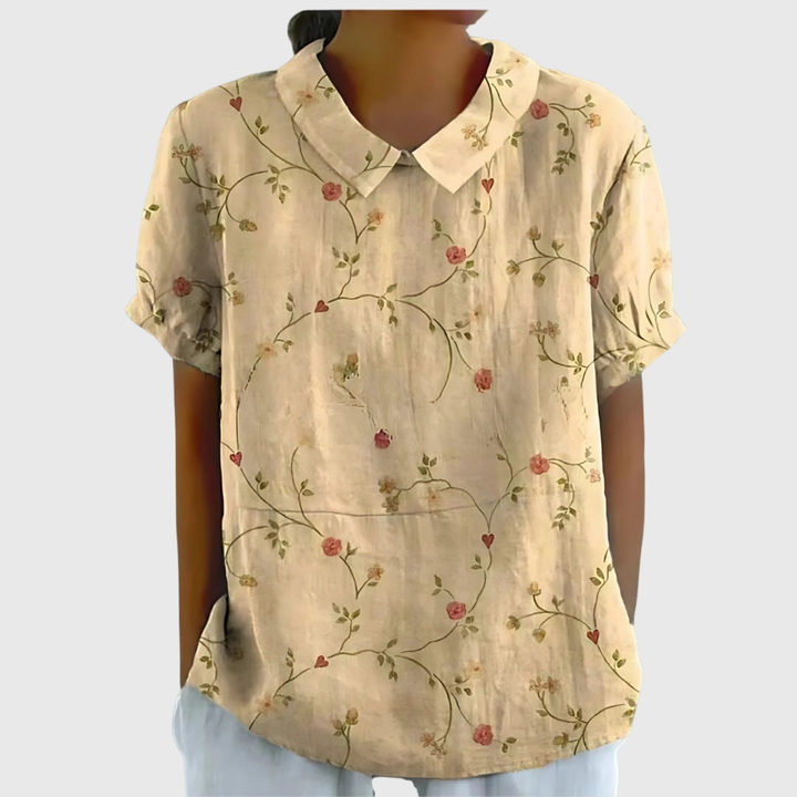Wendy | Linen Floral Print Short Sleeve Collared Blouse