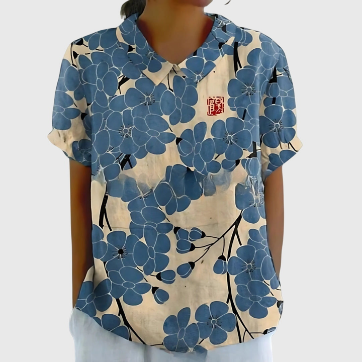 Wendy | Linen Floral Print Short Sleeve Collared Blouse