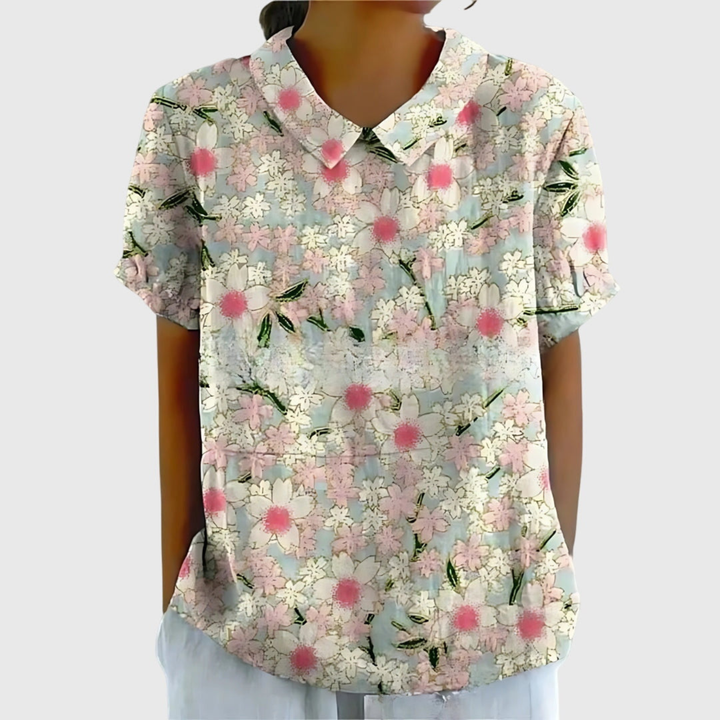 Wendy | Linen Floral Print Short Sleeve Collared Blouse