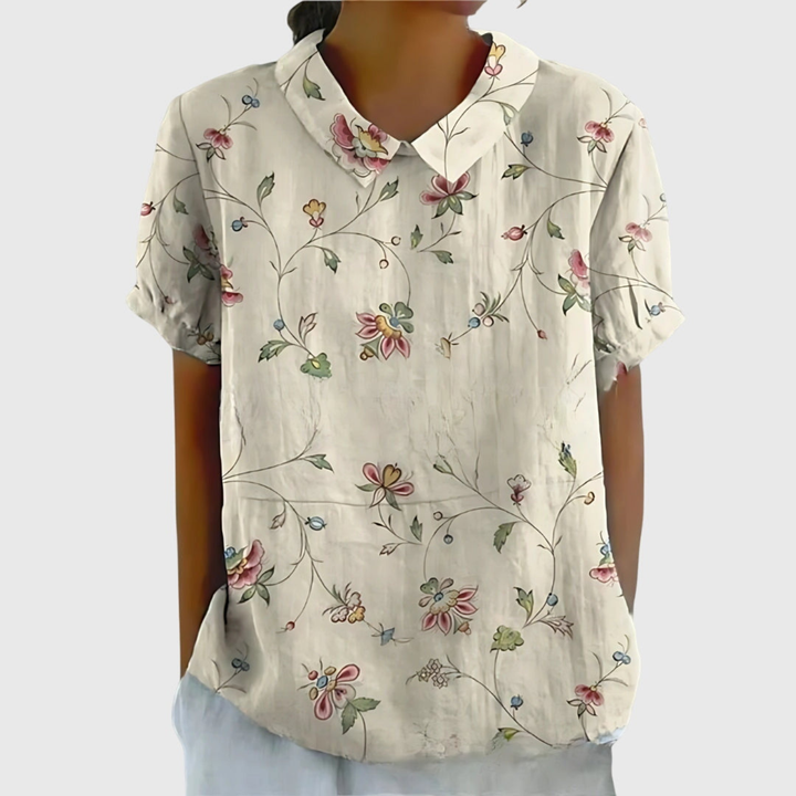 Wendy | Linen Floral Print Short Sleeve Collared Blouse