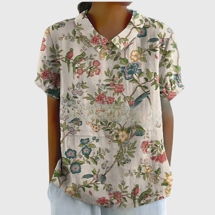 Wendy | Linen Floral Print Short Sleeve Collared Blouse