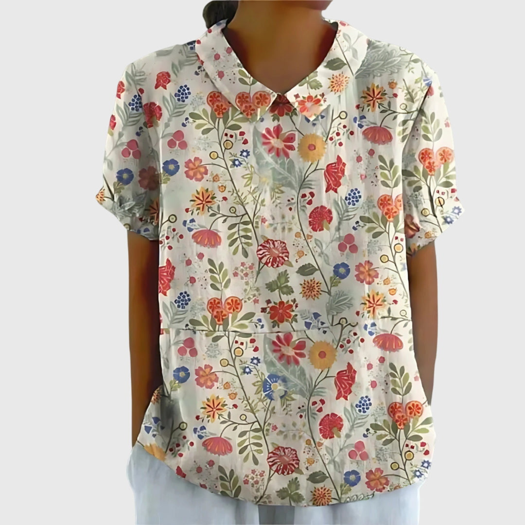 Wendy | Linen Floral Print Short Sleeve Collared Blouse