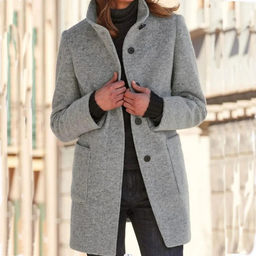Wool Coat with Stand Collar and Patch Pockets