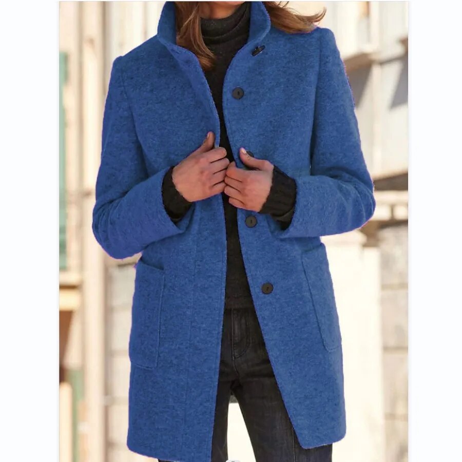 Wool Coat with Stand Collar and Patch Pockets