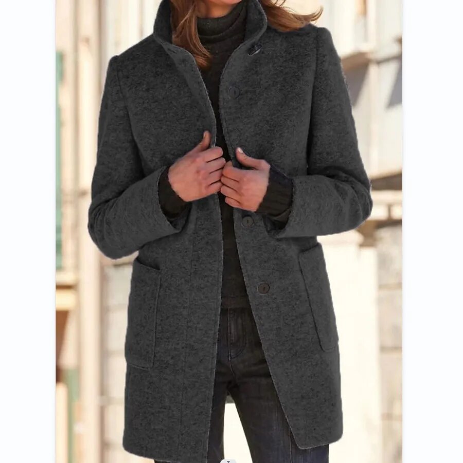 Wool Coat with Stand Collar and Patch Pockets