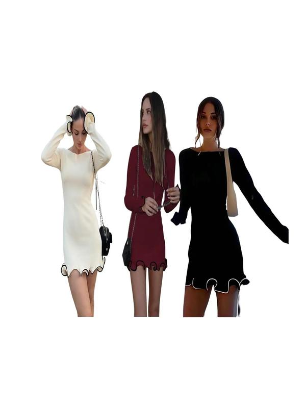 SARAH™ - Elegant Colorblock Wave Hem A-Line Long Sleeve Dress