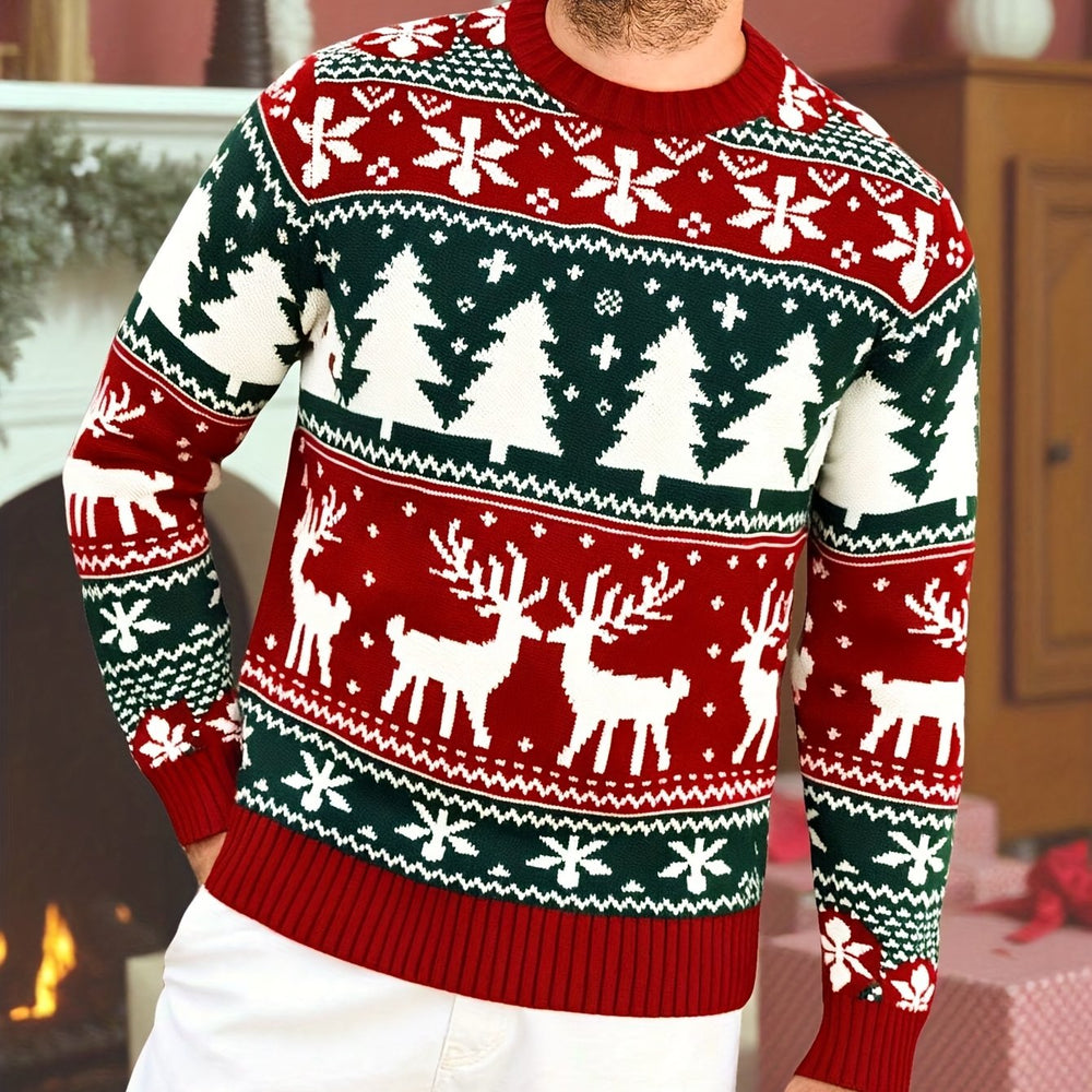 Men's Christmas Jumper with Reindeer Pattern and Ribbed Trim Red
