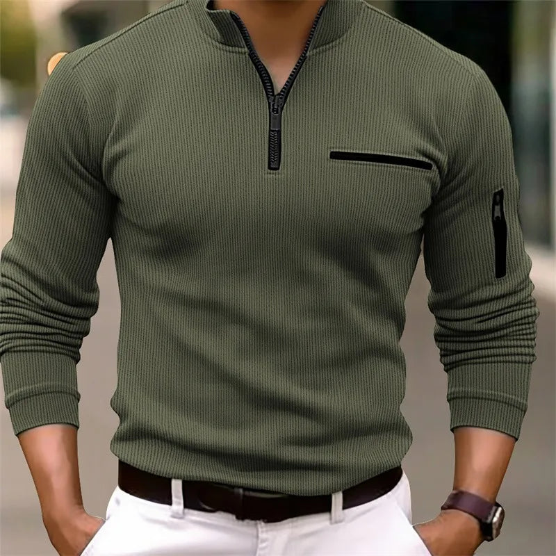 Men's Classic Quarter Zip Jumper with Sleeve Pocket Army Green