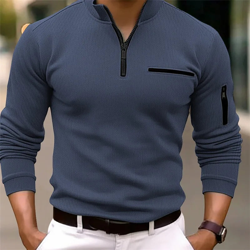 Men's Classic Quarter Zip Jumper with Sleeve Pocket Dark Blue