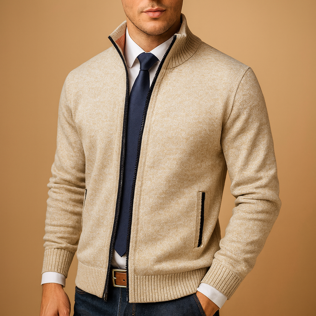 Men's Classic Zip-Up Cardigan with Side Pockets and Ribbed Trim Beige