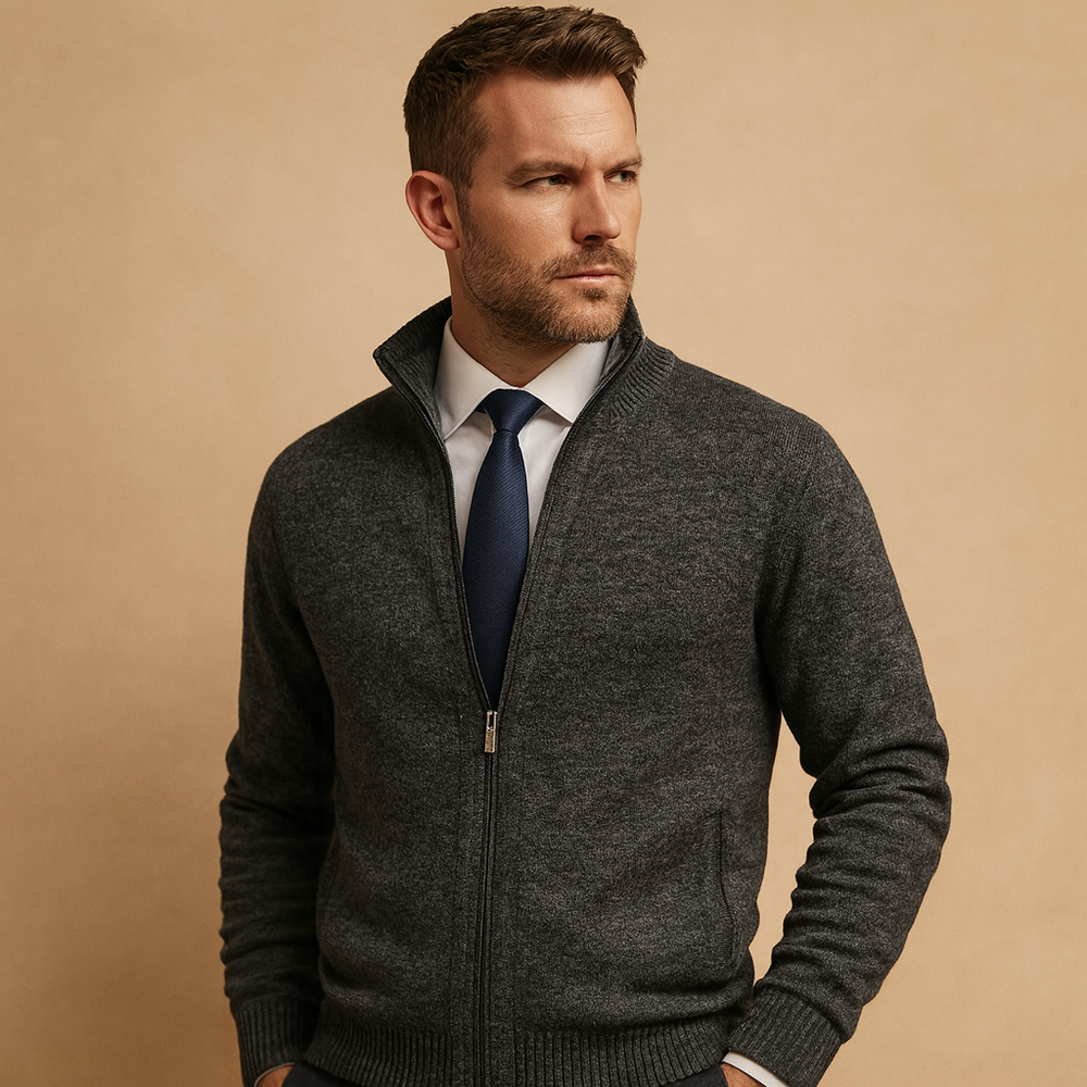Men's Classic Zip-Up Cardigan with Side Pockets and Ribbed Trim Dark Grey