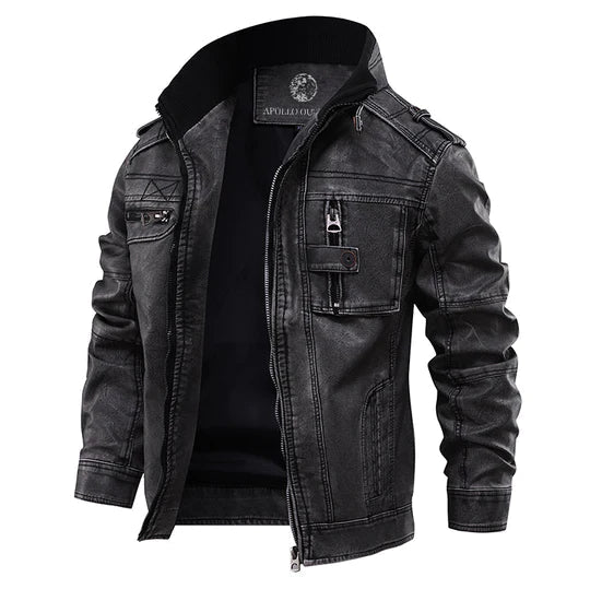 Men's Faux Leather Biker Jacket with Zip Pockets Black