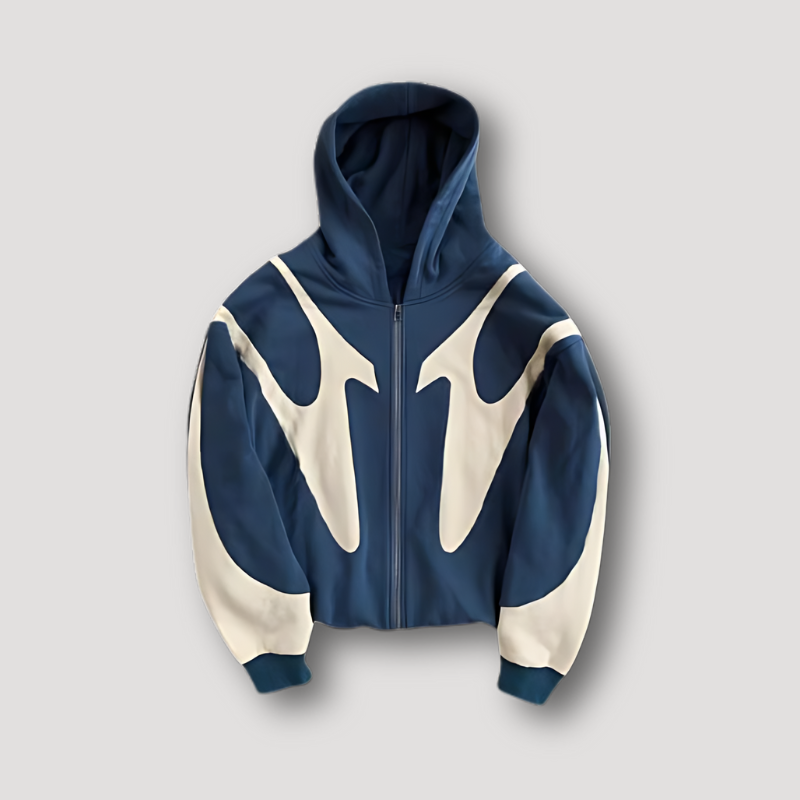 Men's Flame Pattern Zip-Up Hoodie with Cosy Hood Blue