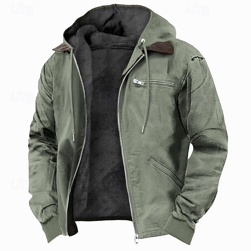 Men's Hooded Jacket with Full Zip and Plush Lining Army Green
