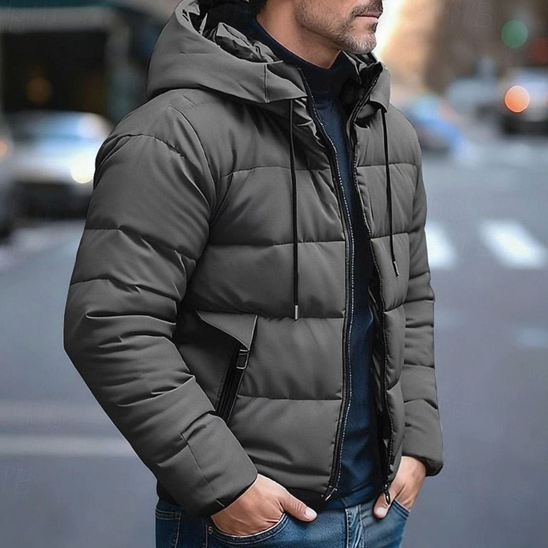 Men's Hooded Puffer Jacket with Quilted Design Dark Grey